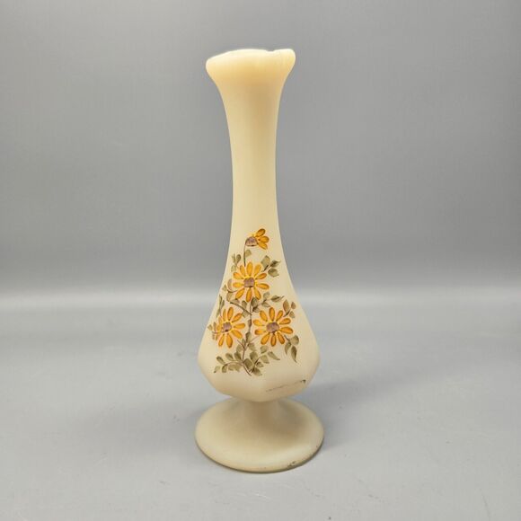 Fenton Cream Vase with Orange Floral Design - Picture 1 of 7